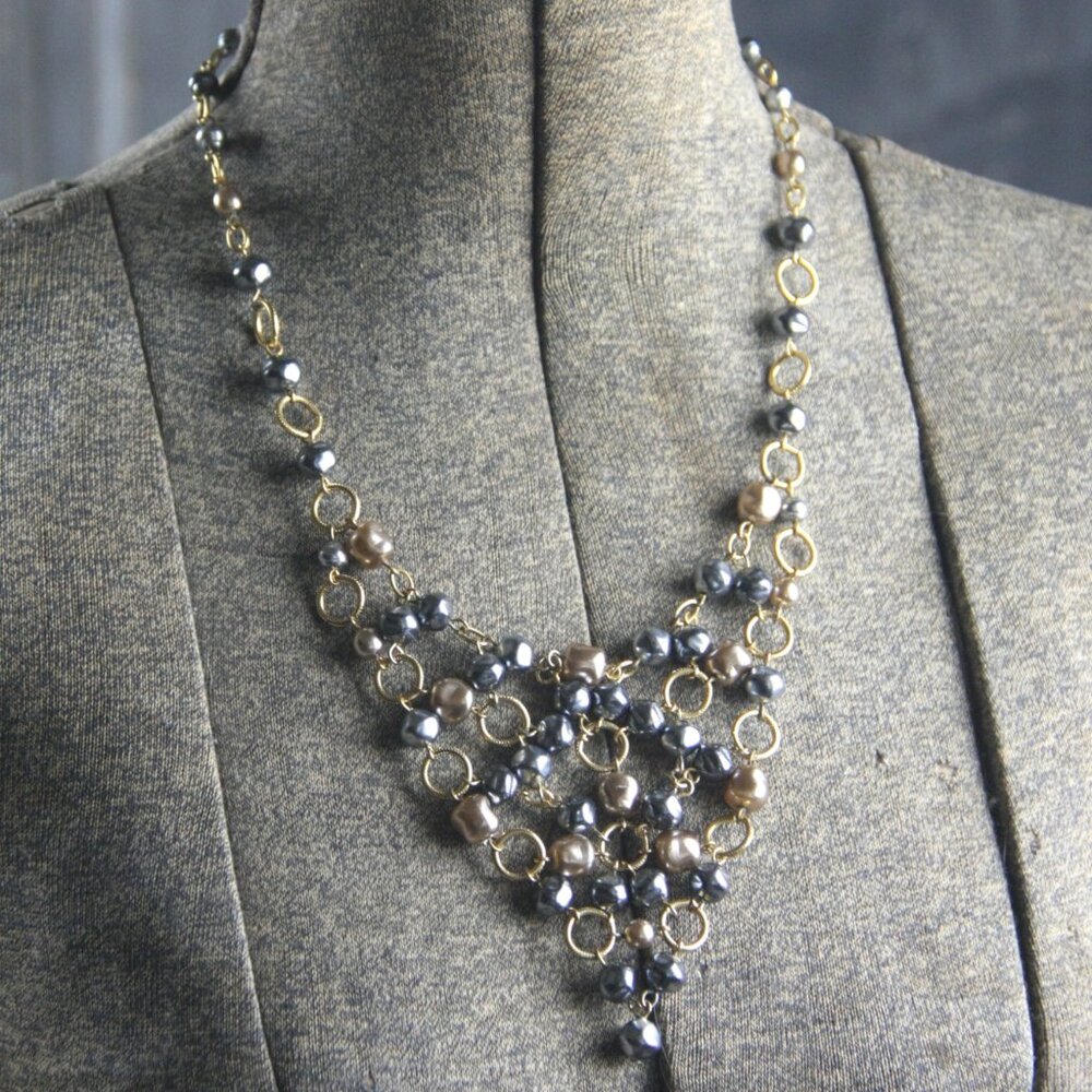 Strongwater Studio Signed Bib Necklace Glass Pearl Link, Strongwater Studios